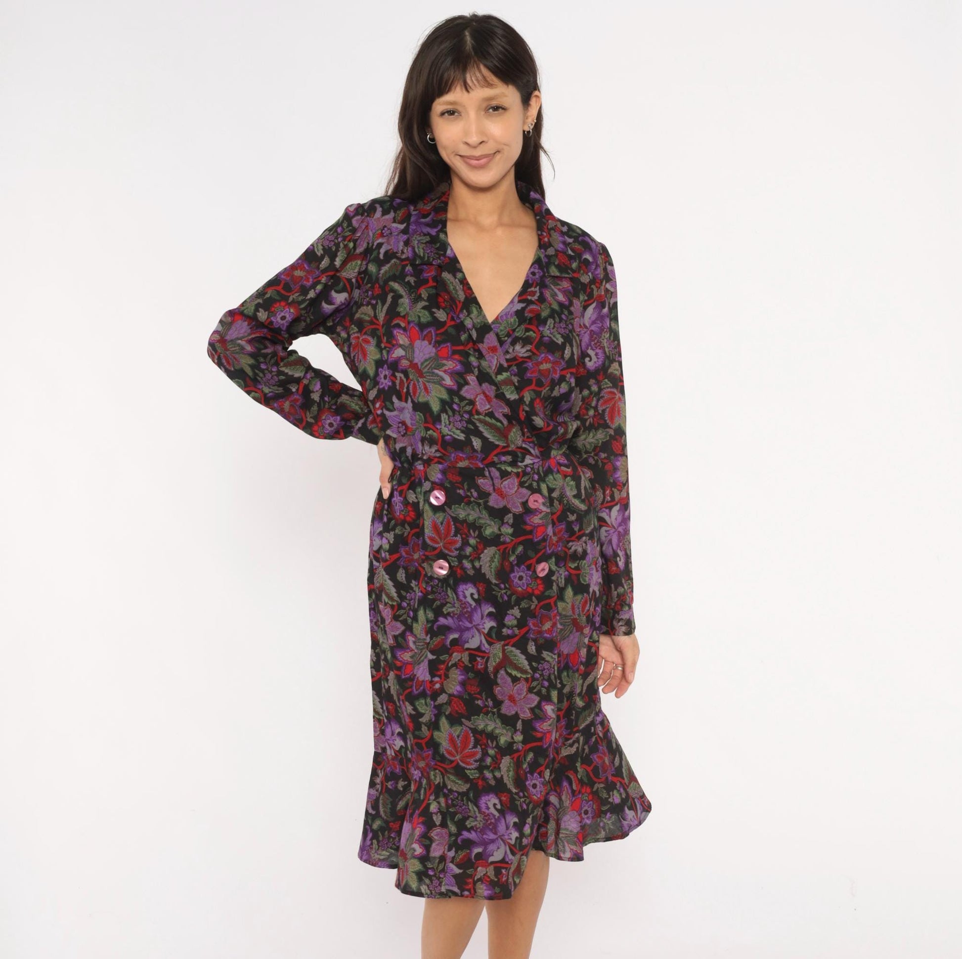 90s Breli Originals Floral Wrap Dress V Neck Long Sleeve Black Purple Small