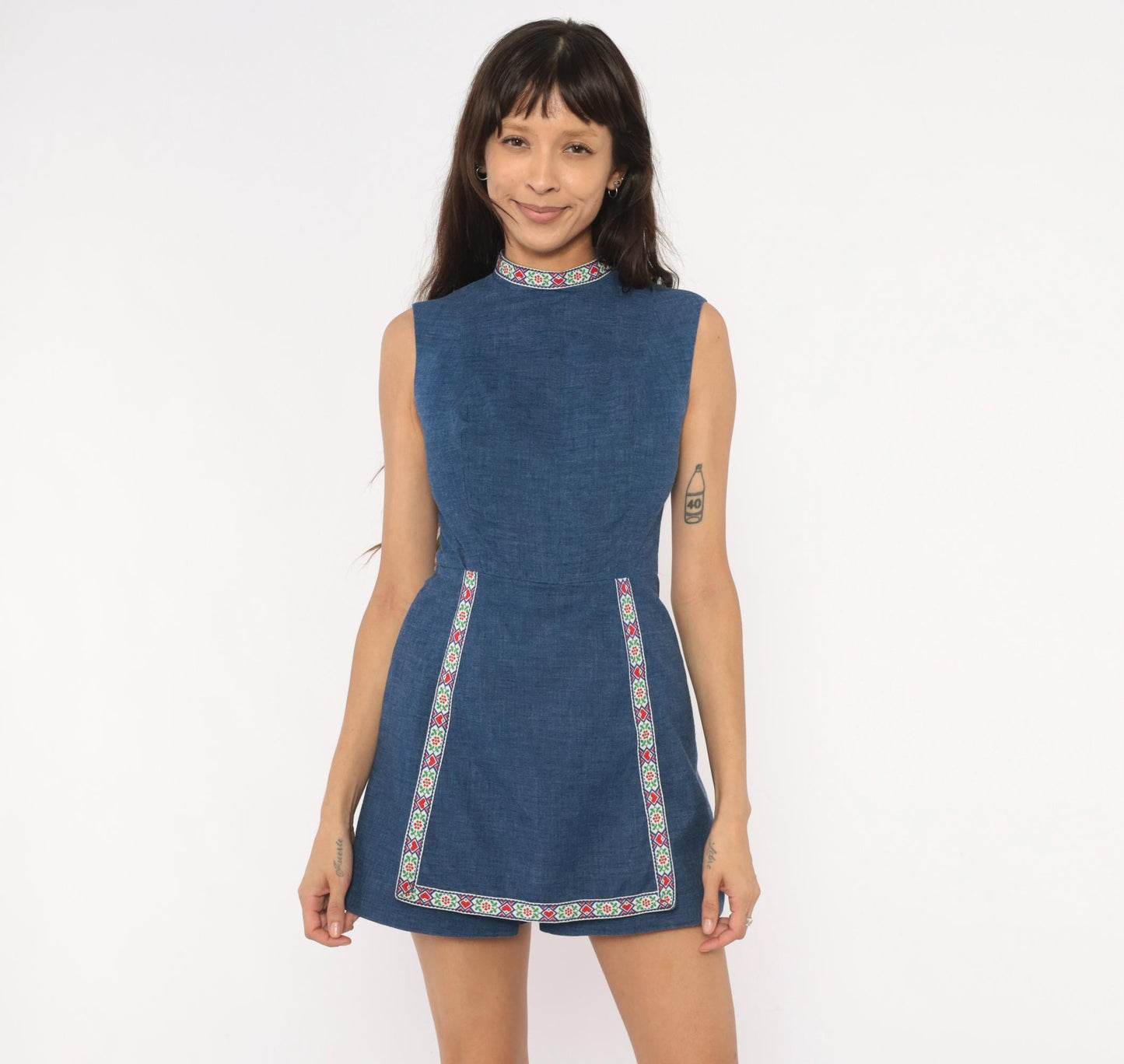 60s Navy Chambray Romper Embroidered Folk Floral Mock Neck Playsuit XS