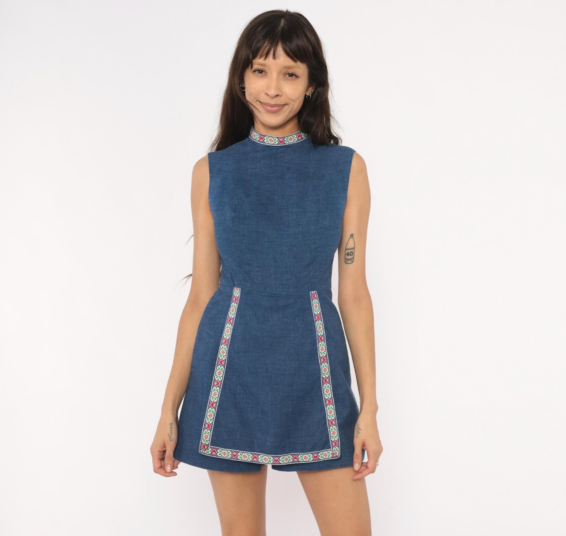 60s Navy Chambray Romper Embroidered Folk Floral Mock Neck Playsuit XS