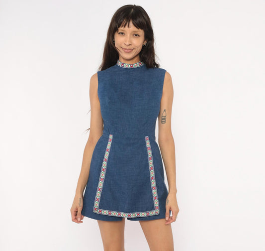 60s Navy Chambray Romper Embroidered Folk Floral Mock Neck Playsuit XS