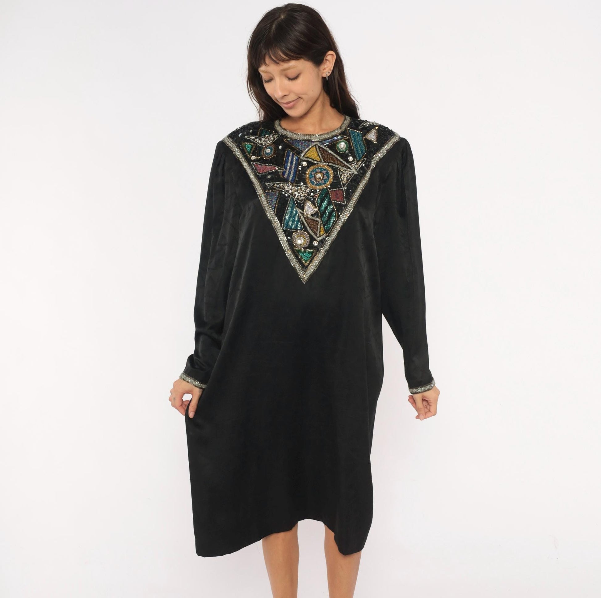 90s D'Ore Black Silk Beaded Shift Dress Geometric Sequin Bib Large L