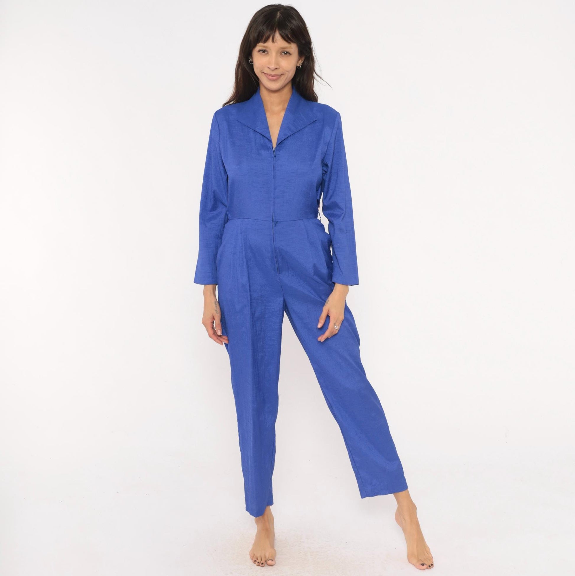 80s Joan Walters Cobalt Jumpsuit Long Sleeve Pleated Tapered Small