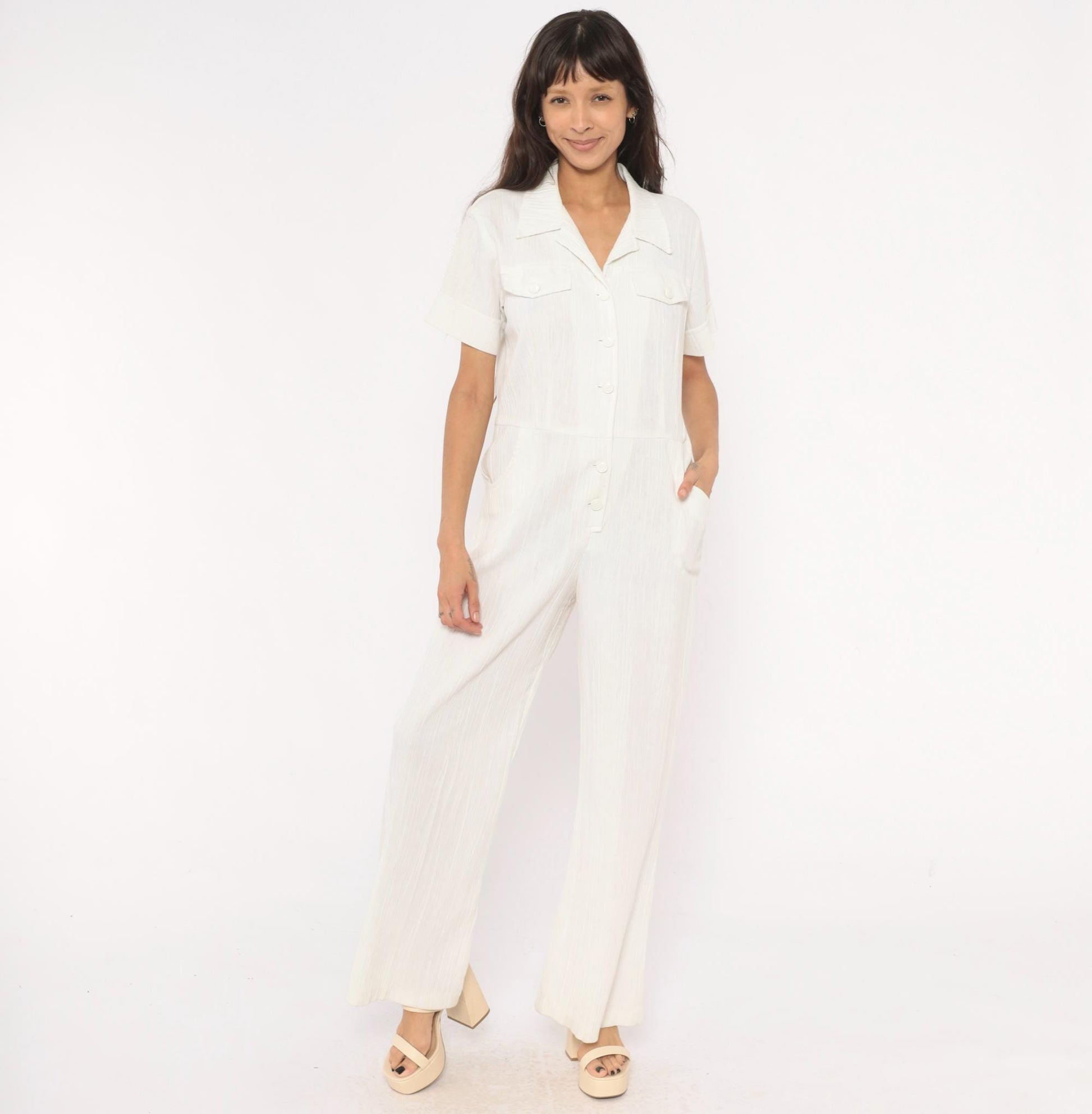 70s White Cotton Linen Jumpsuit Button Front Wide Leg Camp Collar Medium M