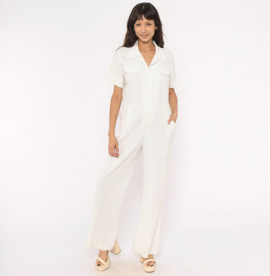 70s White Cotton Linen Jumpsuit Button Front Wide Leg Camp Collar Medium M