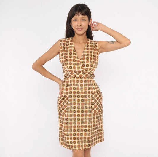 60s Medallion Tile Print Mini Dress Cream Mustard Brown Fitted Waist Small