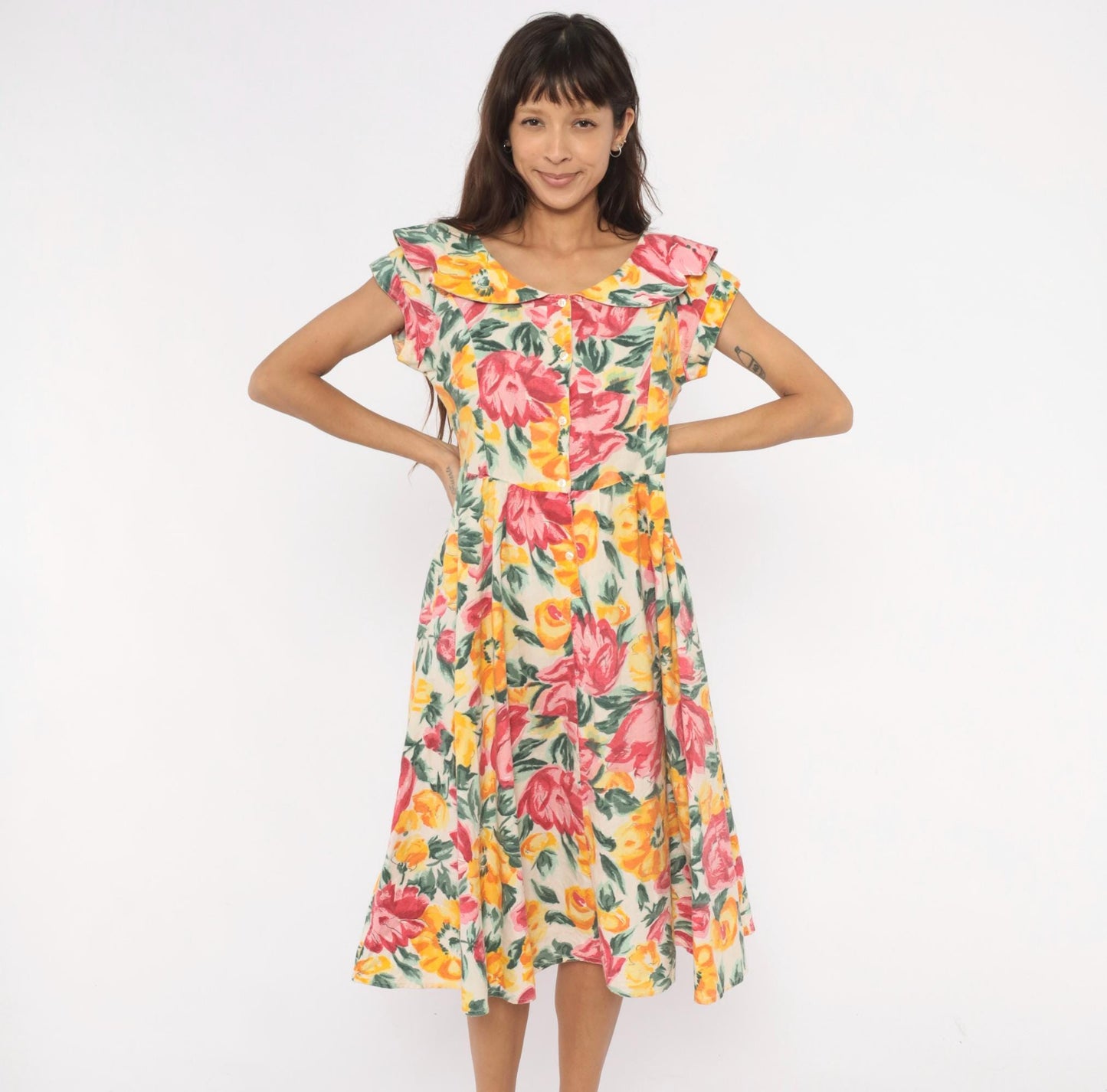 80s Floral Midi Dress Ruffle Collar Rose Print Cream Cotton Medium M