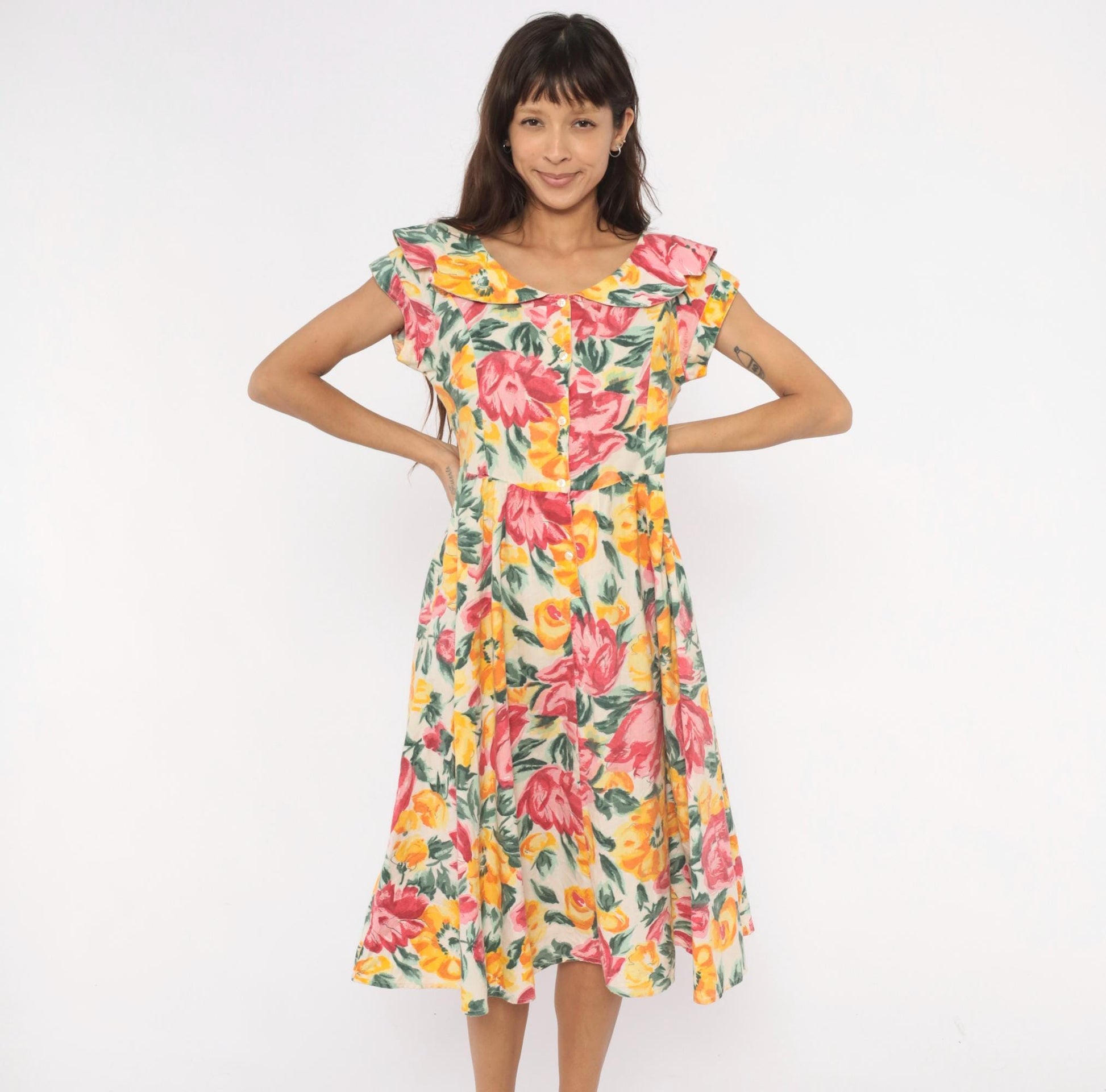 80s Floral Midi Dress Ruffle Collar Rose Print Cream Cotton Medium M