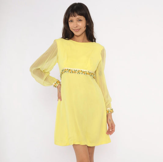 1960s Yellow Chiffon Empire Waist Mini Dress Embroidered Floral Small