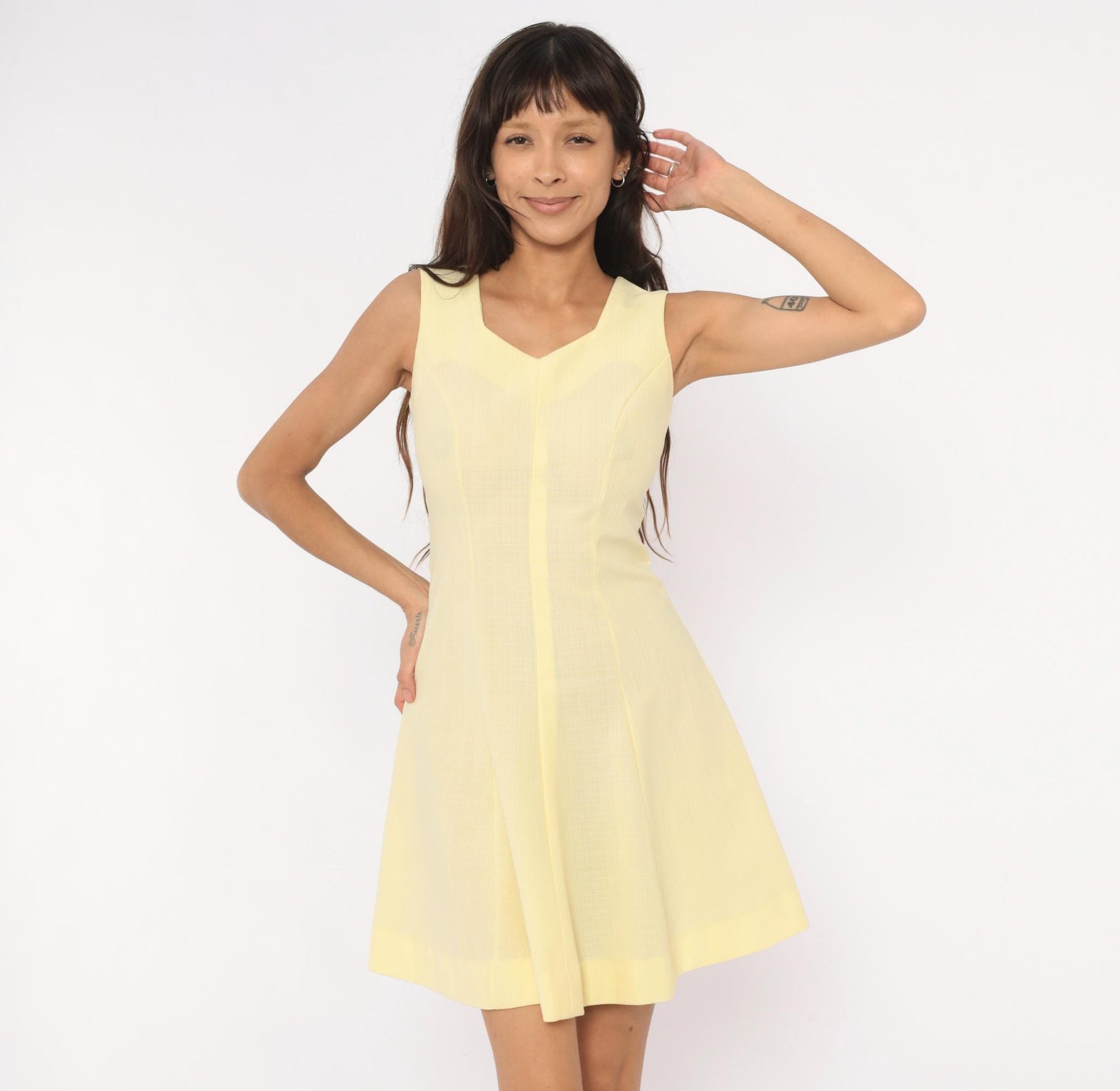 90s Butchamaid Butter Yellow Mini Dress Fit And Flare V-Neck Sleeveless Extra Small XS