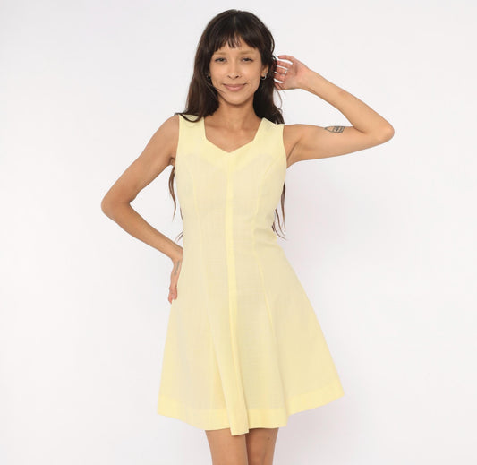 90s Butchamaid Butter Yellow Mini Dress Fit And Flare V-Neck Sleeveless Extra Small XS