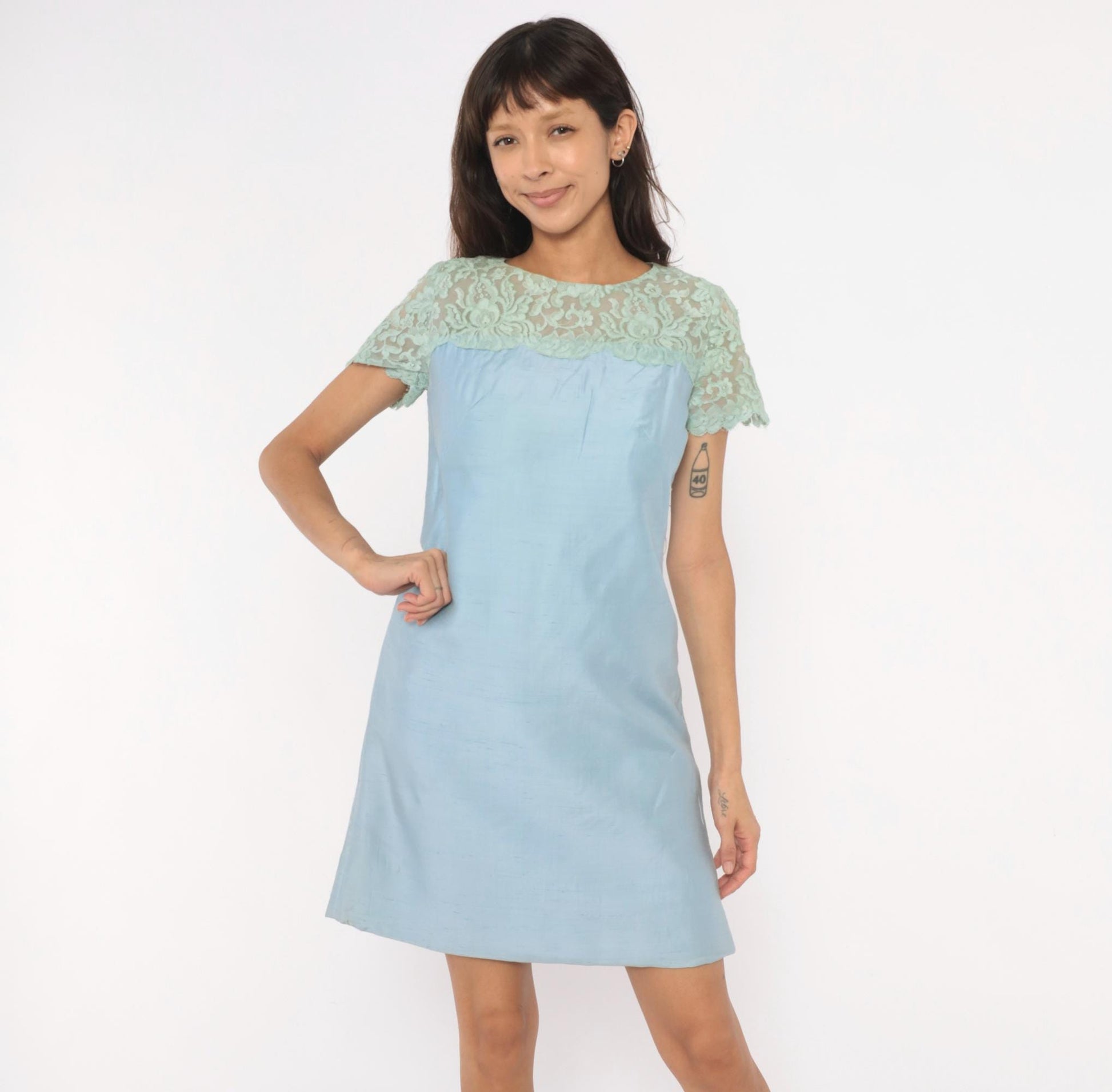 1960s Country Miss Mint Lace A-Line Shift Dress Powder Blue Small