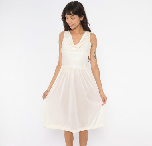 70s Kappi Cowl Neck Sundress Cream Sleeveless Gathered Waist Knee-Length Medium M