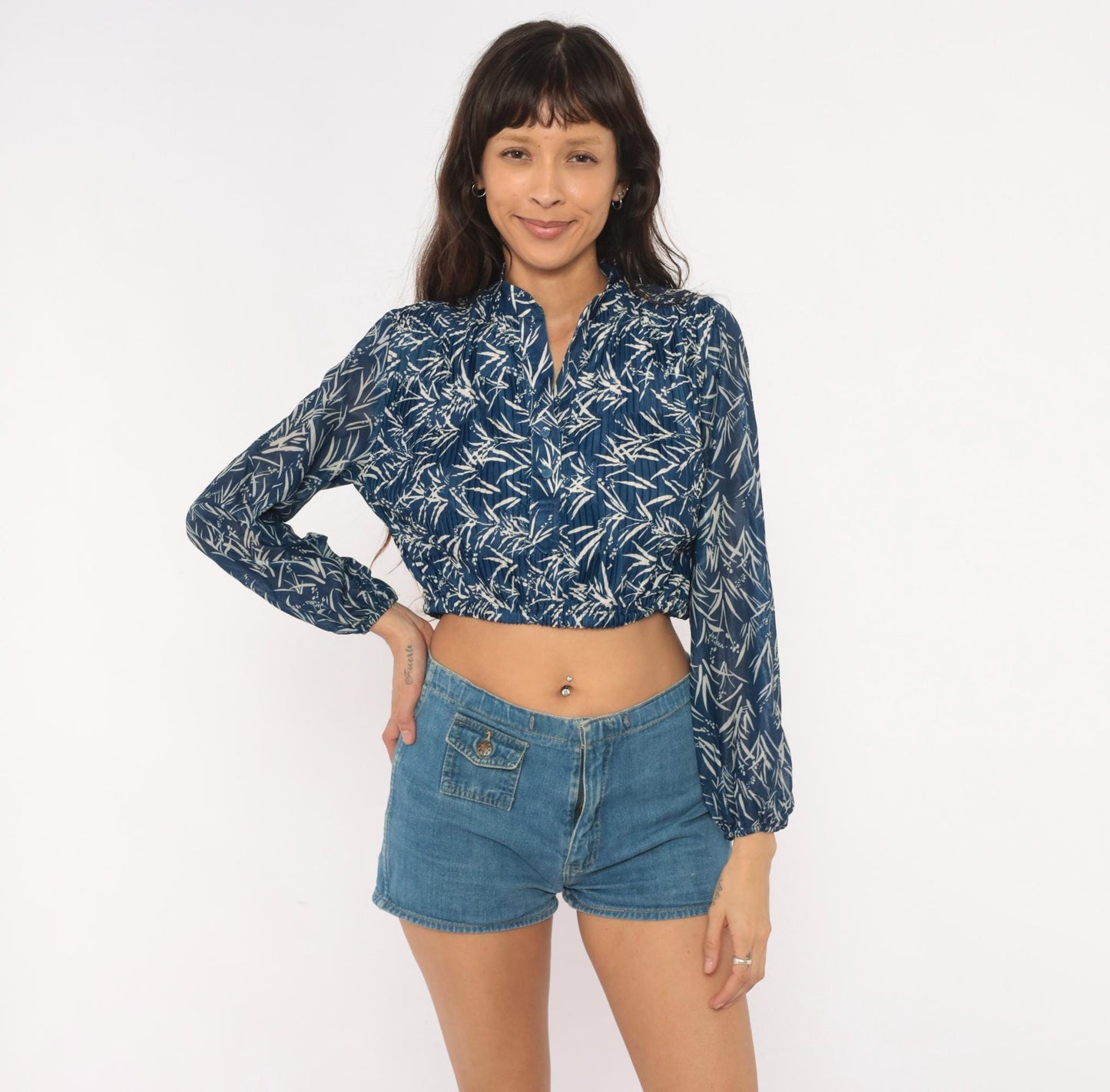 80s Liz Roberts Bamboo Leaf Crop Blouse Navy Mandarin Collar Balloon Sleeve Medium
