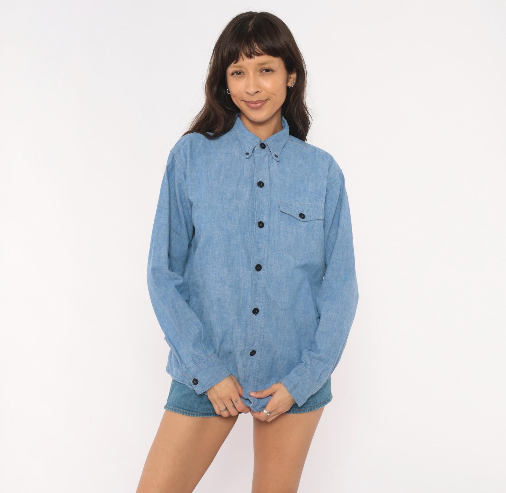 70s Blue Chambray Button Down Shirt Anchor Buttons Cotton Work Wear Medium