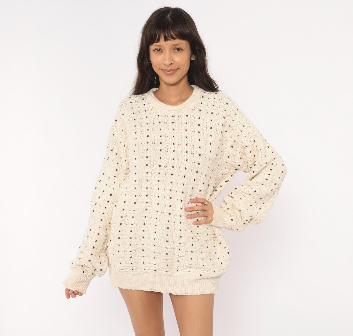 90s CJ Cotton Company Polka Dot Crewneck Sweater Cream Extra Large XL