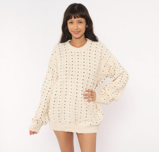 90s CJ Cotton Company Polka Dot Crewneck Sweater Cream Extra Large XL