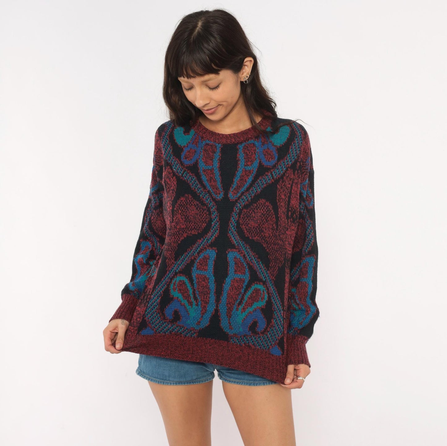 80s City Streets Abstract Knit Sweater Burgundy Teal Intarsia Medium