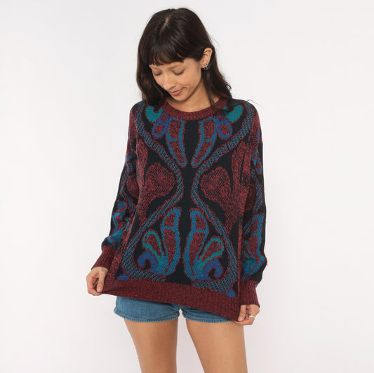 80s City Streets Abstract Knit Sweater Burgundy Teal Intarsia Medium