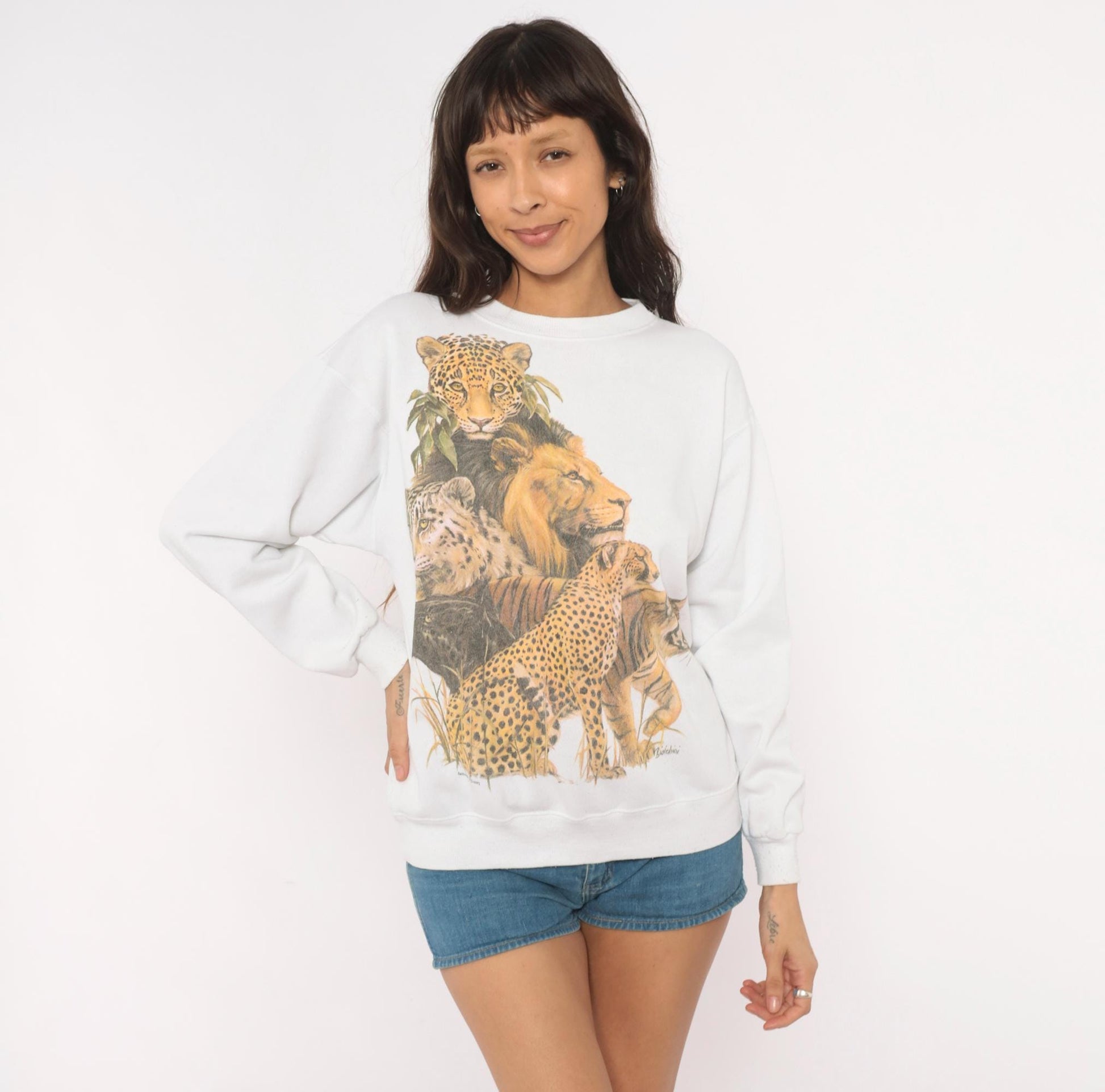 90s Big Cats Wildlife Sweatshirt Lion Leopard Tiger Cheetah White Cotton Medium