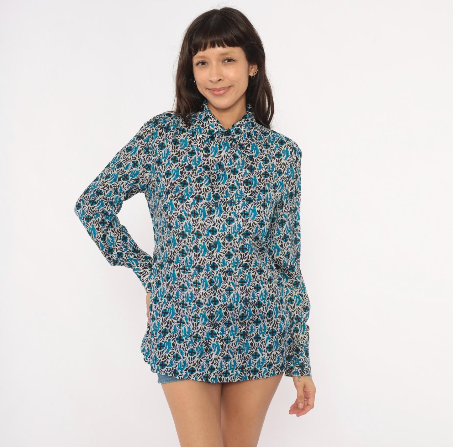 70s Anant & Co Batik Silk Shirt Teal Black Botanical Bird Print Pointed Collar Medium M