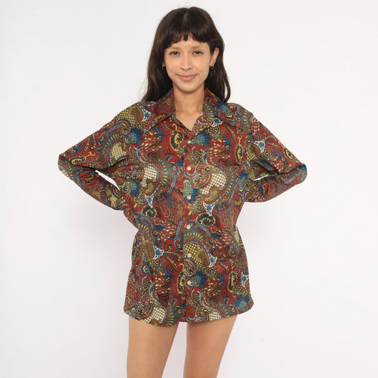 70s Perre La Grande Paisley Button Front Shirt Burgundy Blue Gold Medium