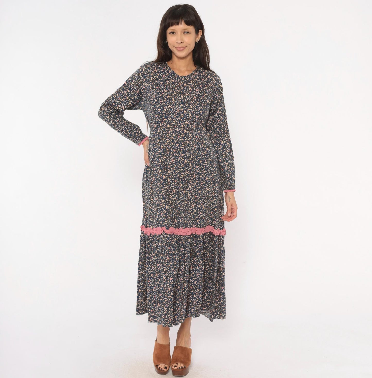 Y2K Indah Navy Floral Maxi Dress Cotton Long Sleeve Ruffle Trim Medium M