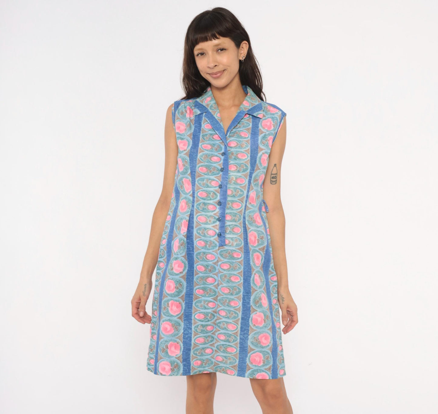 80s Floral Medallion Shirtdress Blue Pink Striped Cotton Sleeveless Medium