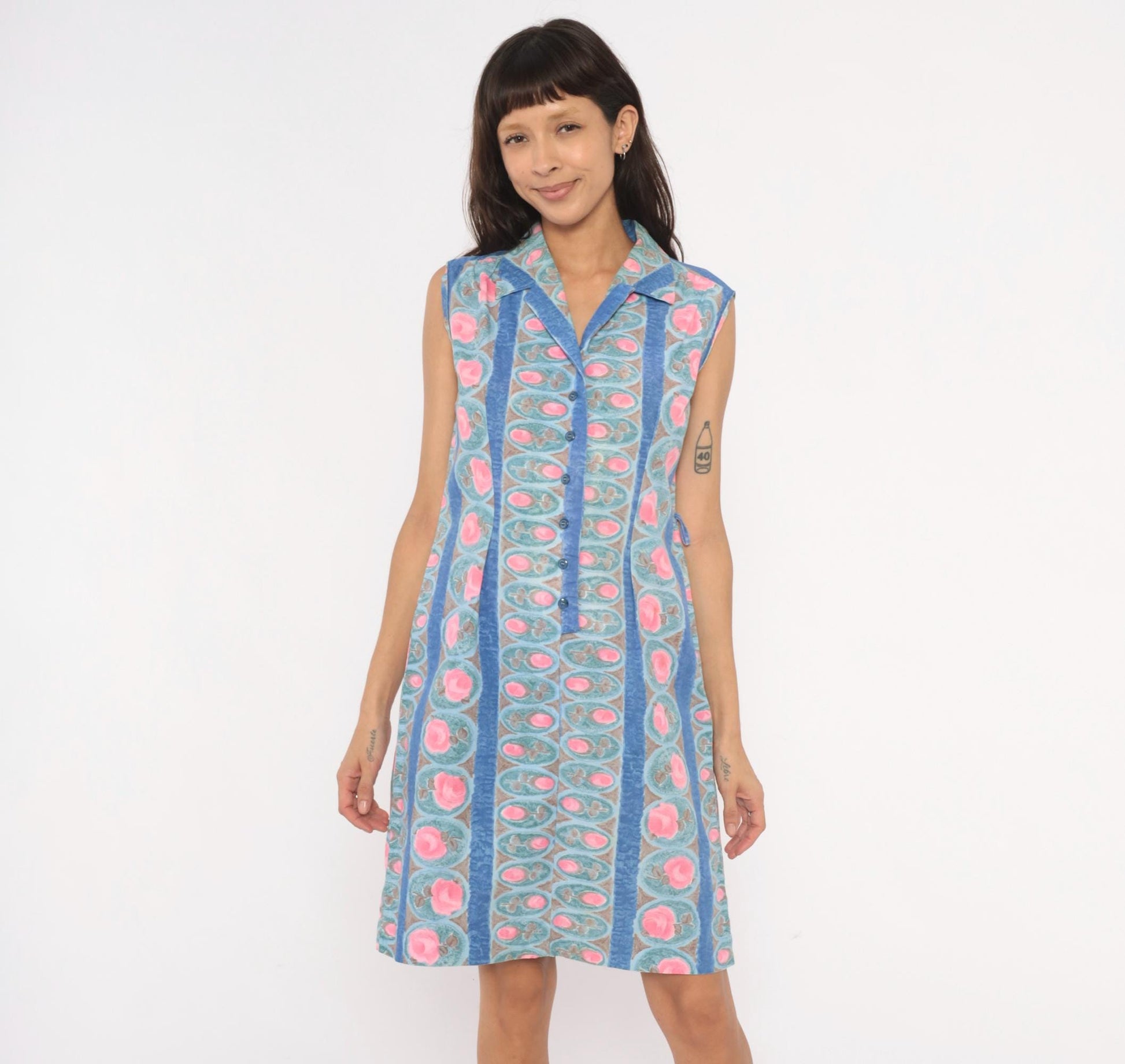 80s Floral Medallion Shirtdress Blue Pink Striped Cotton Sleeveless Medium