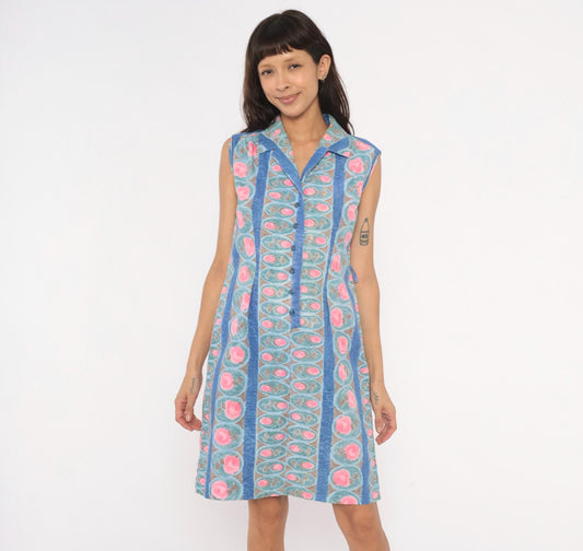 80s Floral Medallion Shirtdress Blue Pink Striped Cotton Sleeveless Medium