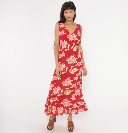 90s White Stag Red Floral Maxi Dress Sleeveless V-Neck Lace Trim Large L