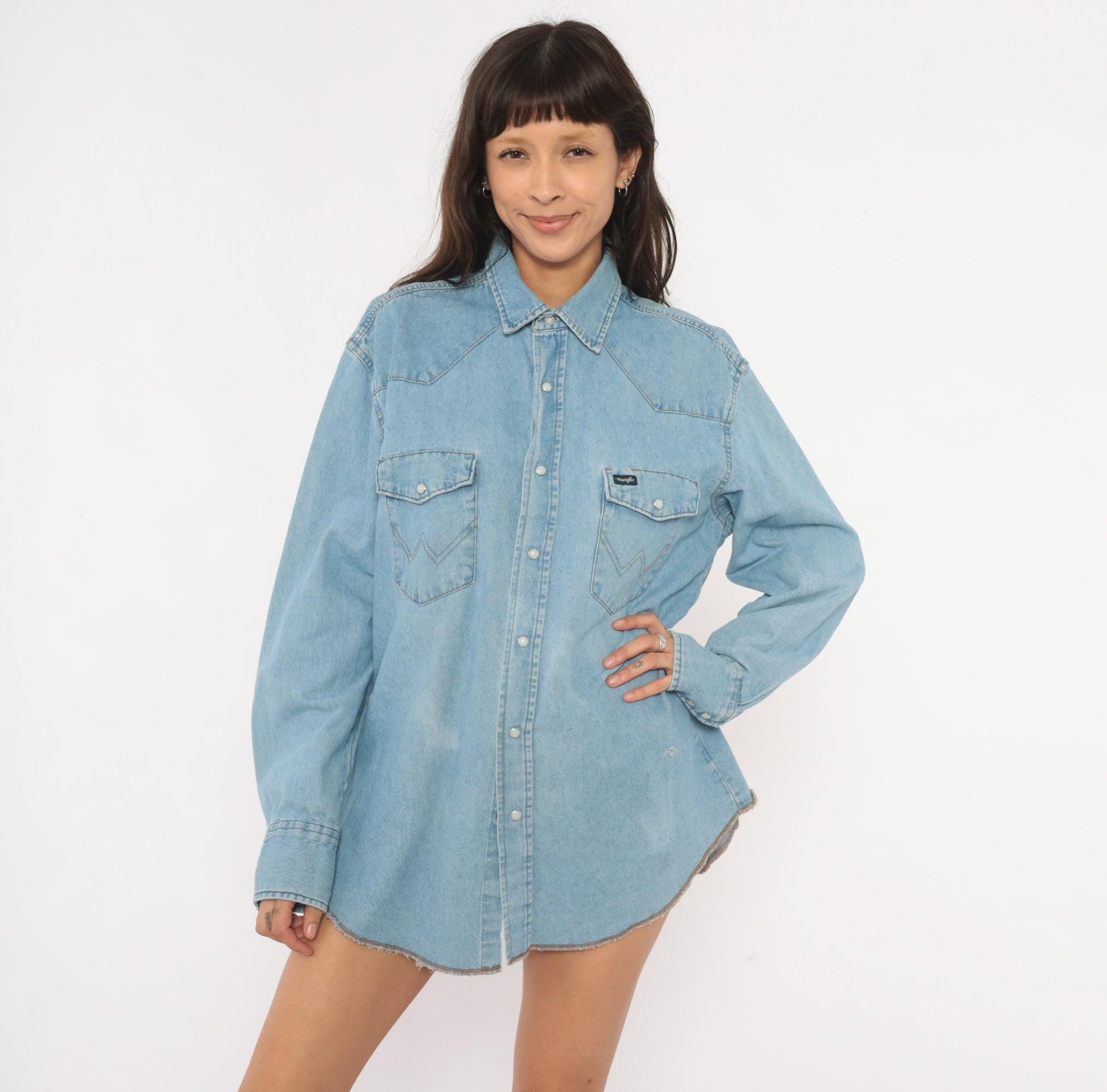 90s Wrangler Western Denim Shirt Pearl Snap Light Blue Cotton Large L