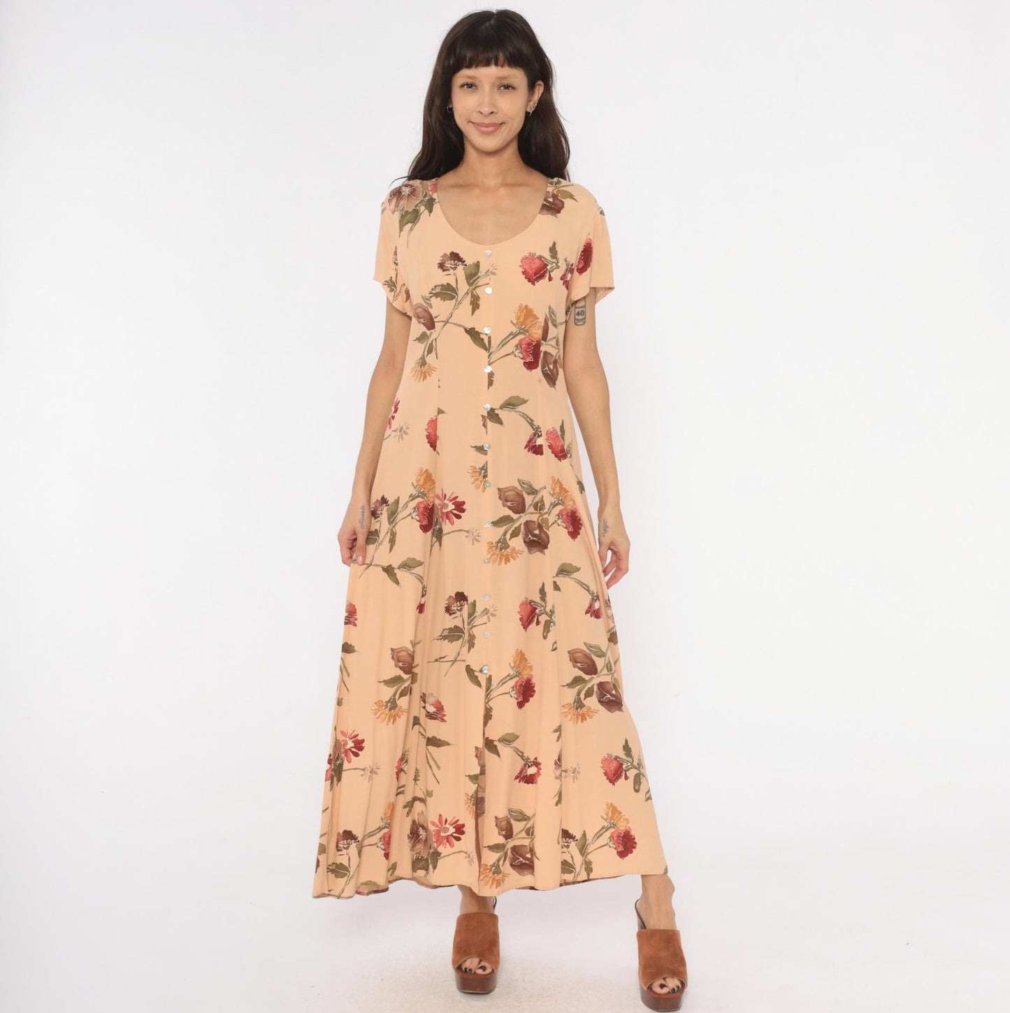 90s Jeffery & Dara Floral Maxi Dress Peach Button Front Scoop Neck Large L