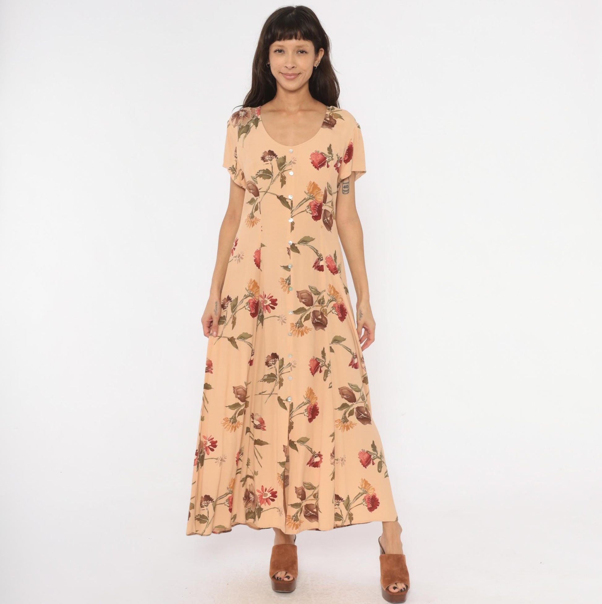 90s Jeffery & Dara Floral Maxi Dress Peach Button Front Scoop Neck Large L