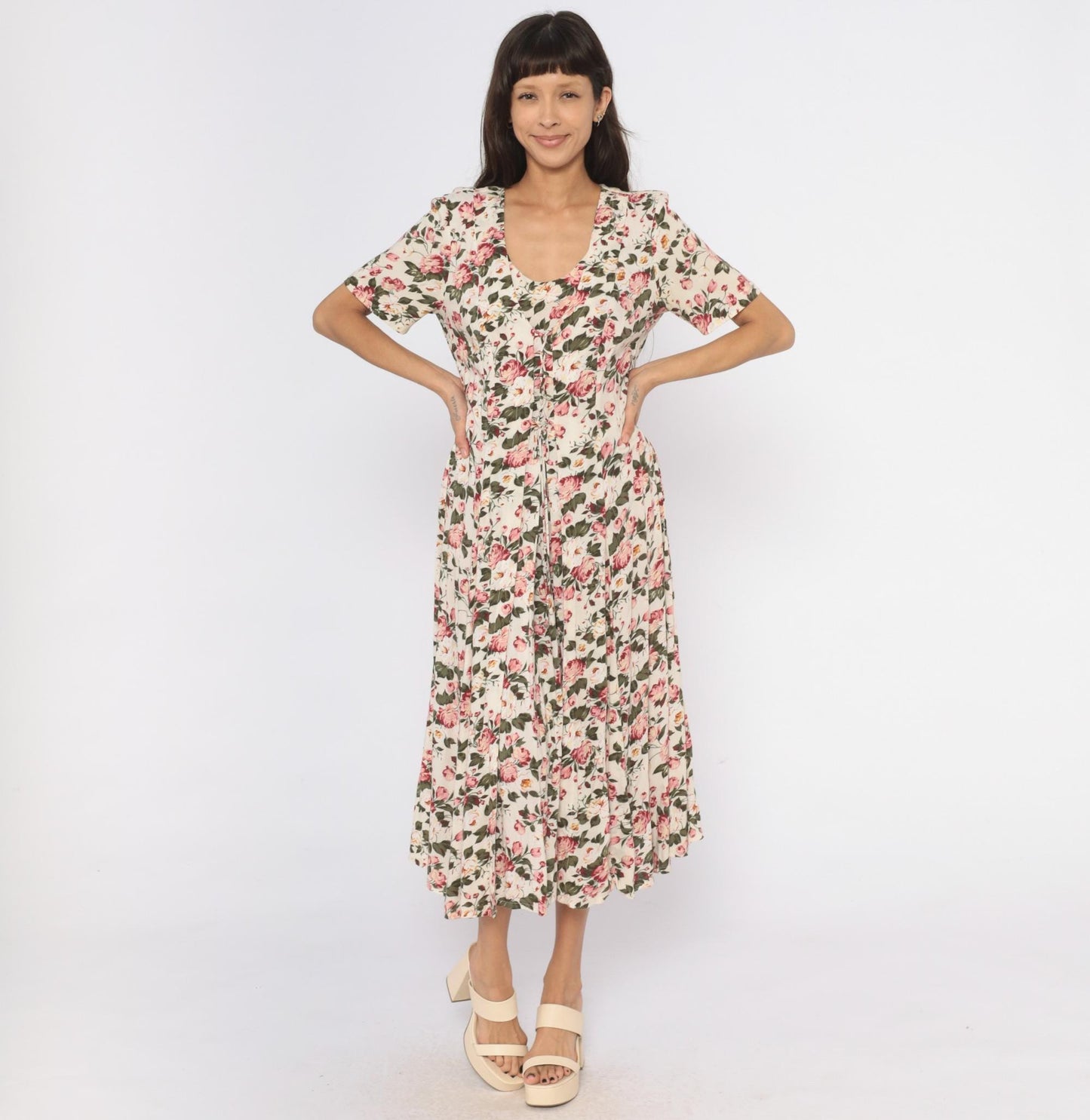 90s Jamie Brooke Midi Dress Cream Floral Tie Front Puff Sleeve Medium M