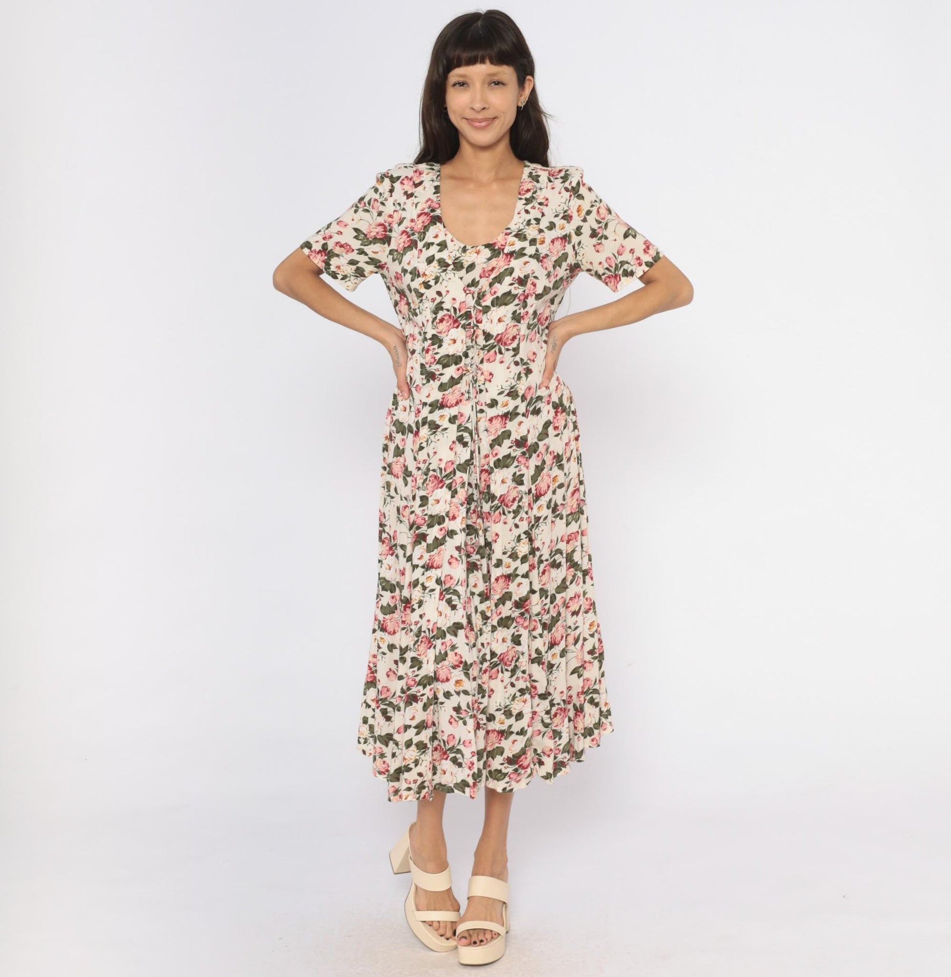 90s Jamie Brooke Midi Dress Cream Floral Tie Front Puff Sleeve Medium M