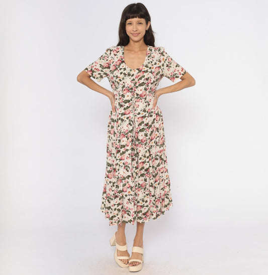 90s Jamie Brooke Midi Dress Cream Floral Tie Front Puff Sleeve Medium M