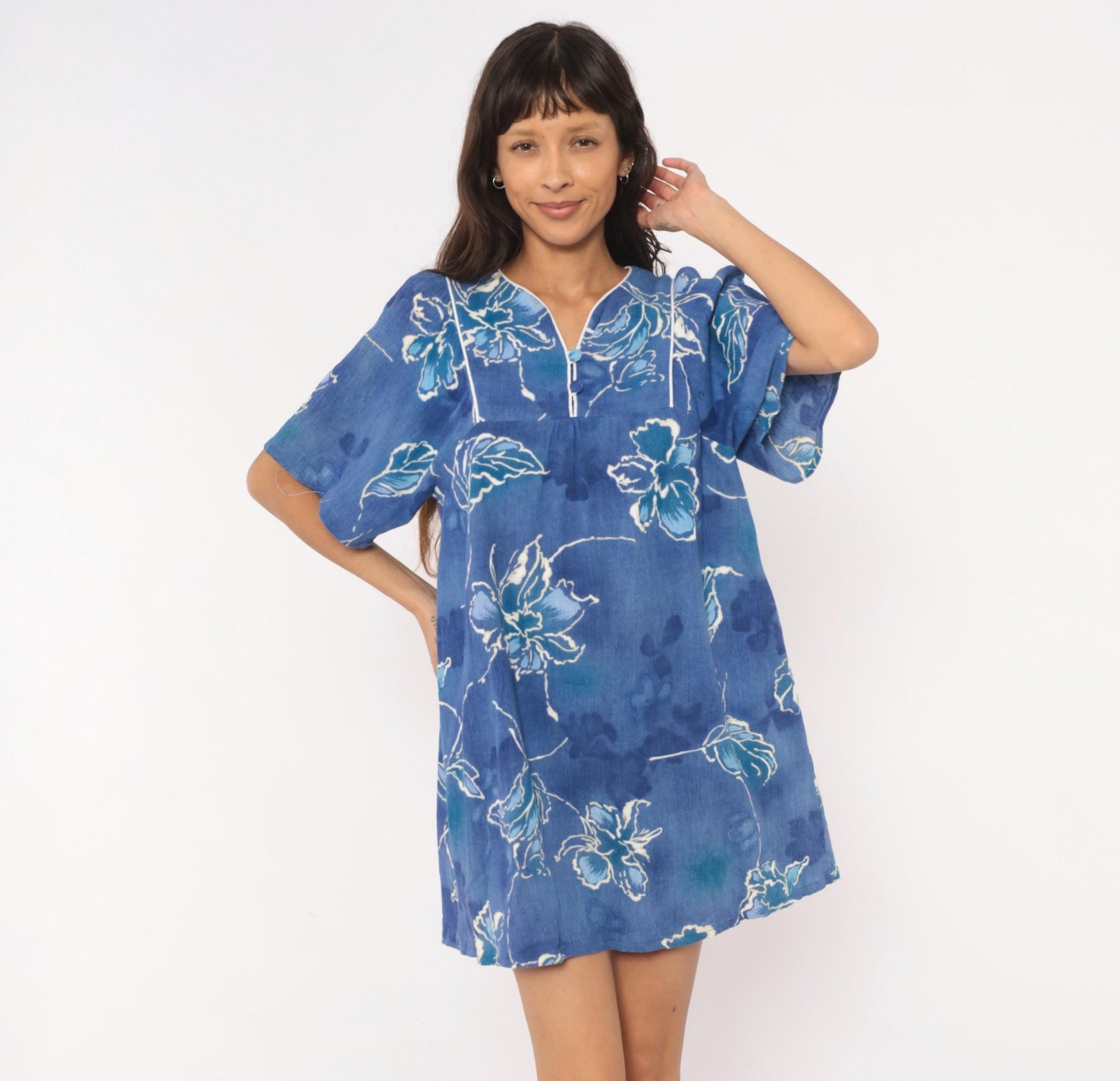 80s Sidan Blue Floral Shift Dress Flutter Sleeve Empire Waist Medium M