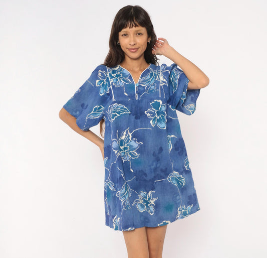80s Sidan Blue Floral Shift Dress Flutter Sleeve Empire Waist Medium M
