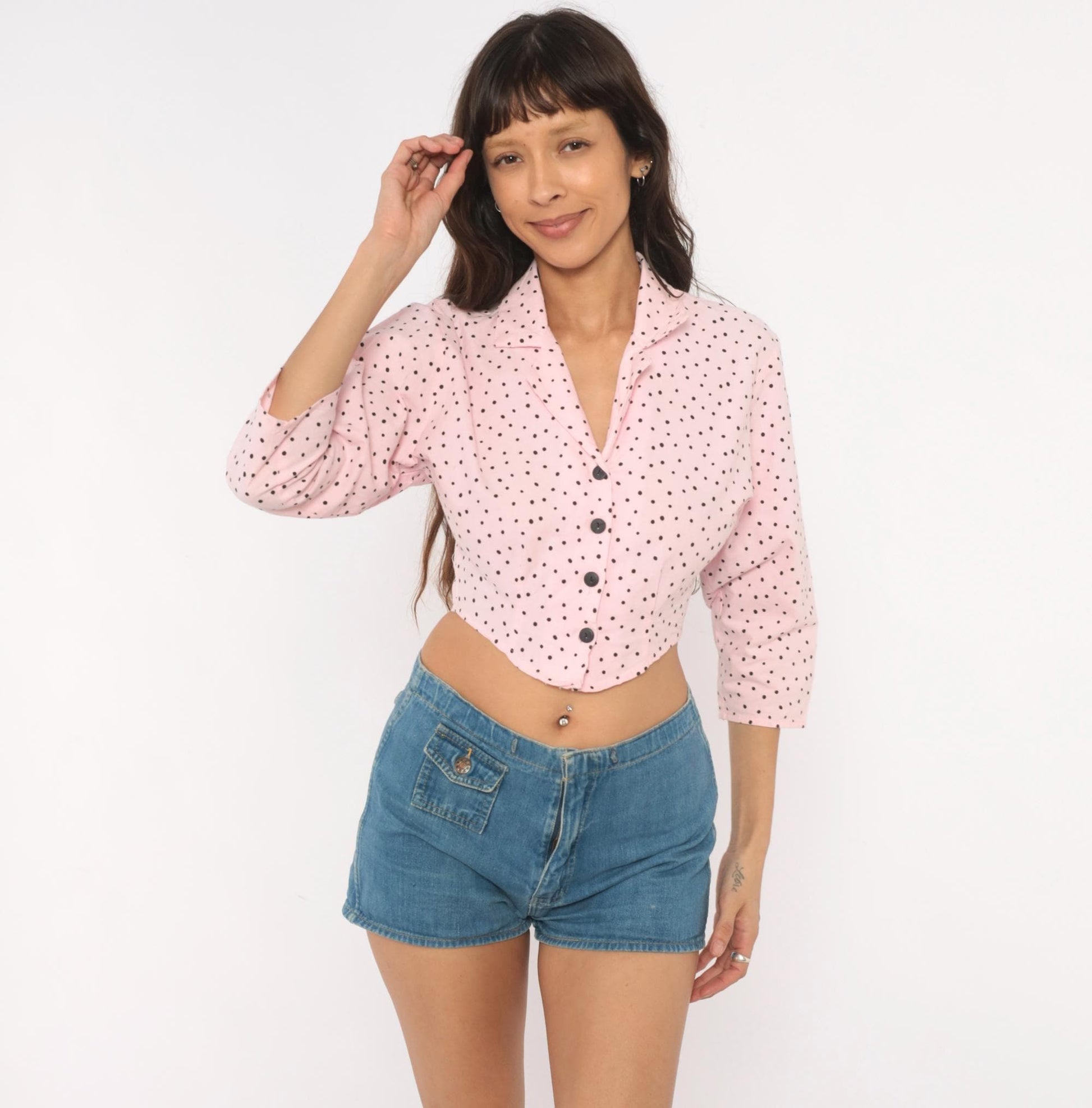 90s Sitting Pretty Pink Black Polka Dot Crop Top Cotton Button Front Small S