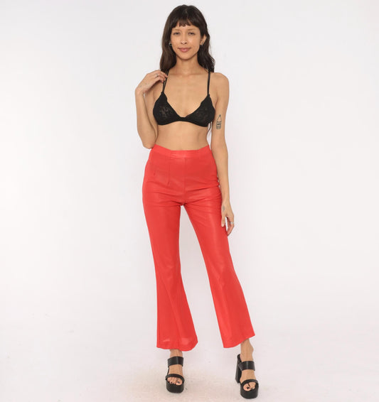 70s Habella Neon Coral Flare Pants High Waist Bell Bottom Acetate XS