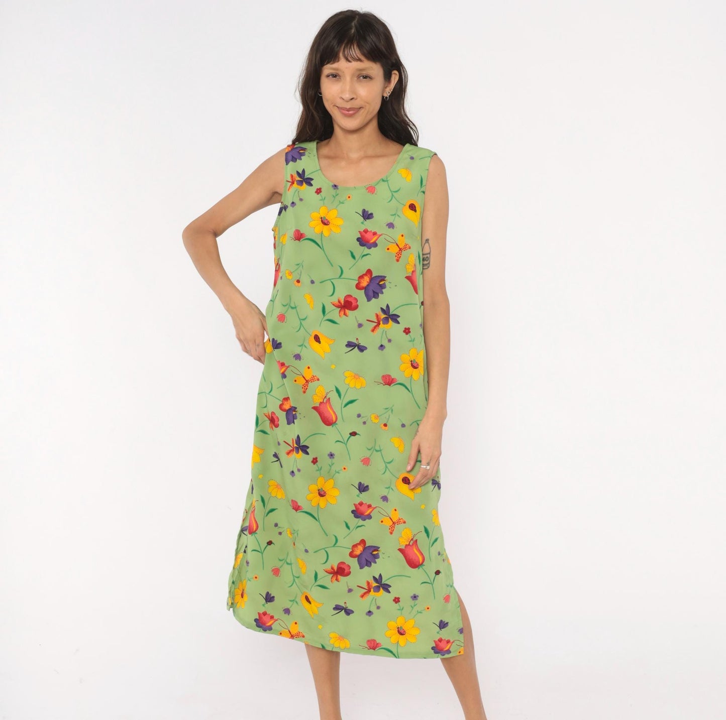 90s Sag Harbor Garden Print Midi Dress Sage Green Floral Petite Large