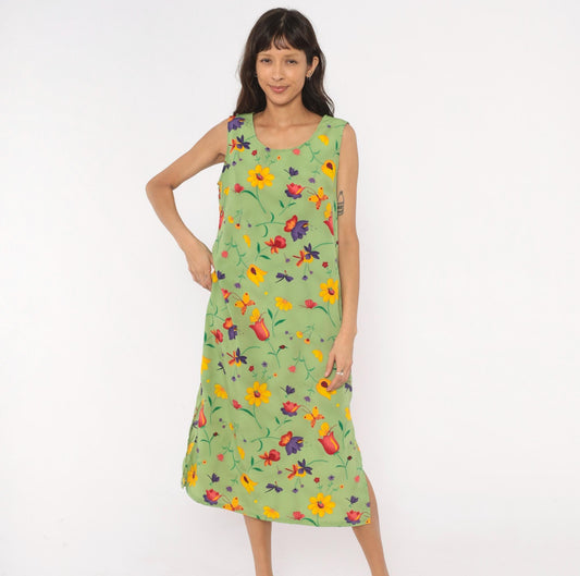 90s Sag Harbor Garden Print Midi Dress Sage Green Floral Petite Large