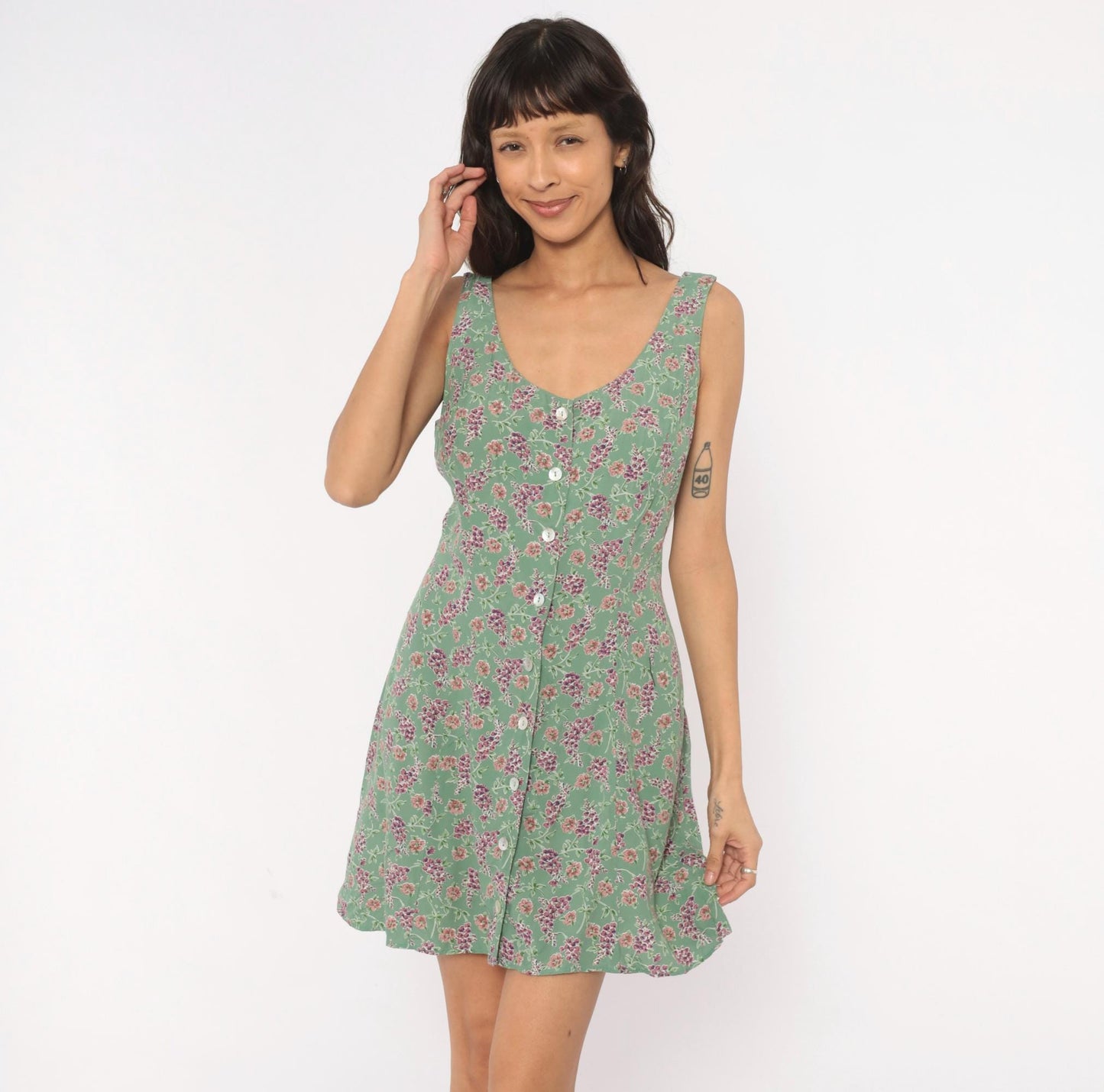 90s Robbie Bee Floral Mini Sundress Sage Green Button Front Large