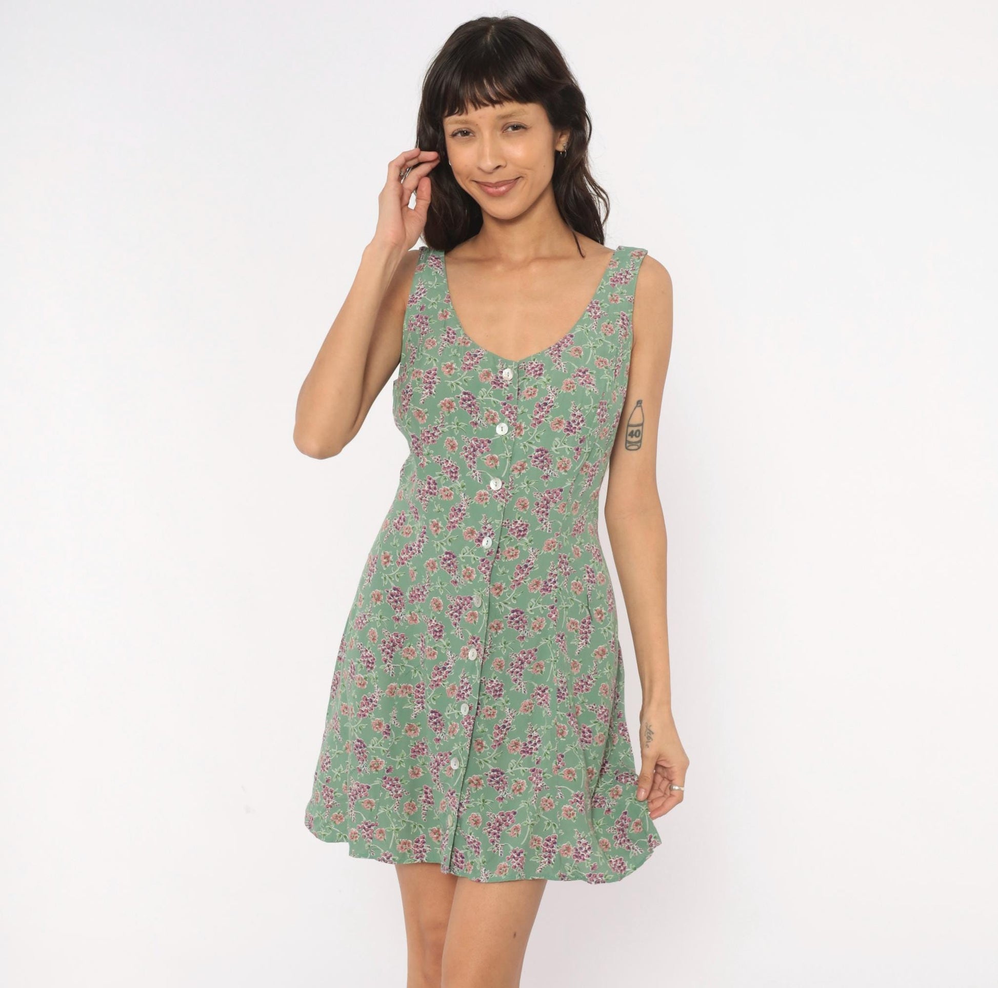 90s Robbie Bee Floral Mini Sundress Sage Green Button Front Large