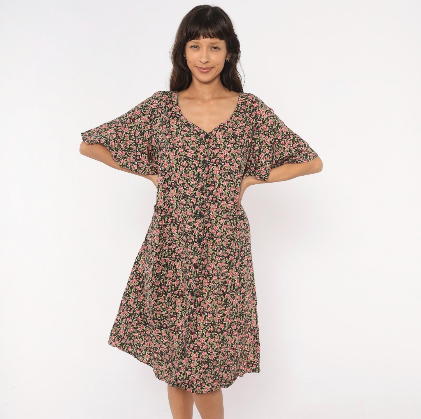 90s Ulterior Motives Floral Dress Black Pink Rose Print V Neck Flutter Sleeve Knee Length Large