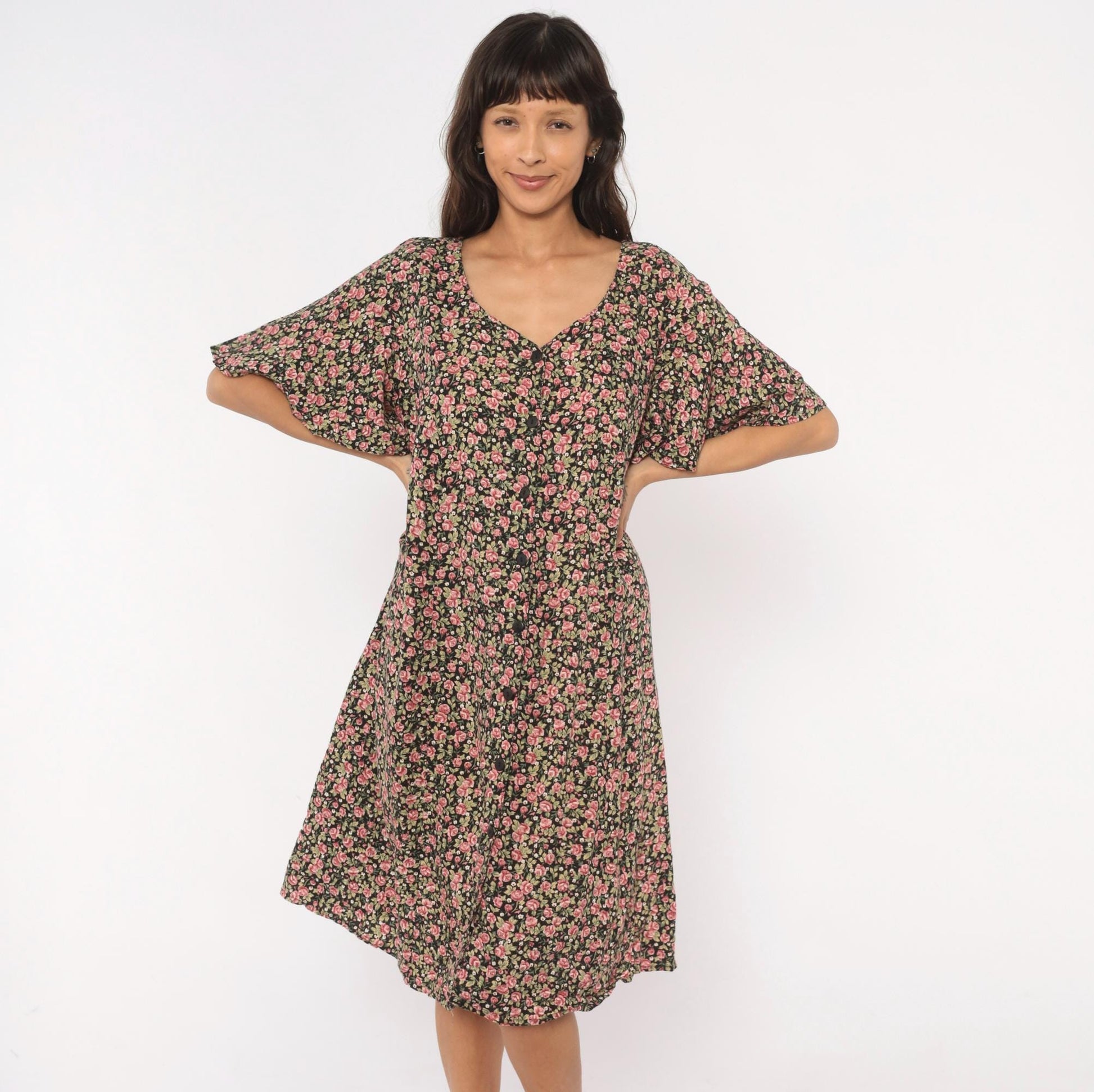 90s Ulterior Motives Floral Dress Black Pink Rose Print V Neck Flutter Sleeve Knee Length Large