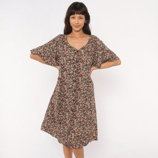 90s Ulterior Motives Floral Dress Black Pink Rose Print V Neck Flutter Sleeve Knee Length Large