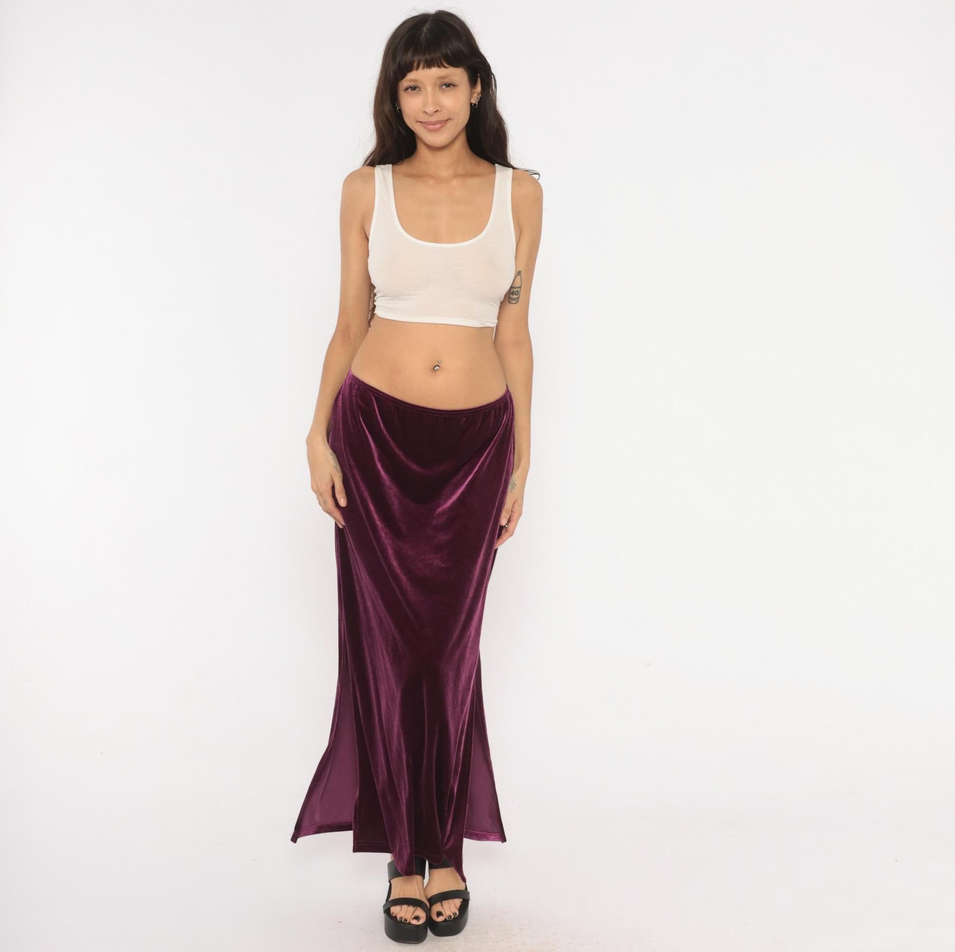 2000s Exact Change Plum Velvet Maxi Skirt A-Line Ankle Slit Extra Large XL
