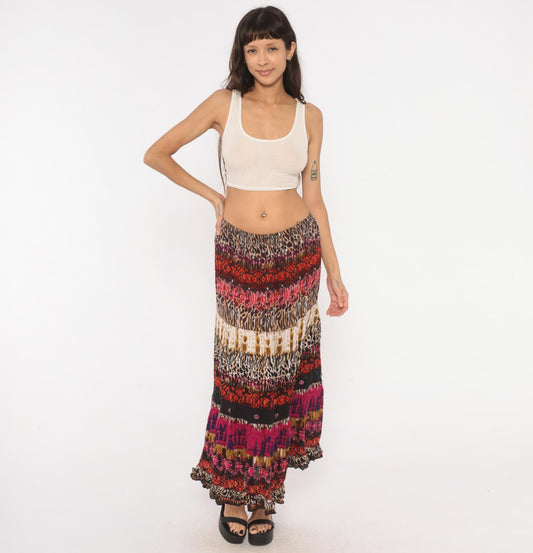 90s Forbidden Animal Print Maxi Skirt Pink Leopard Tiered XL