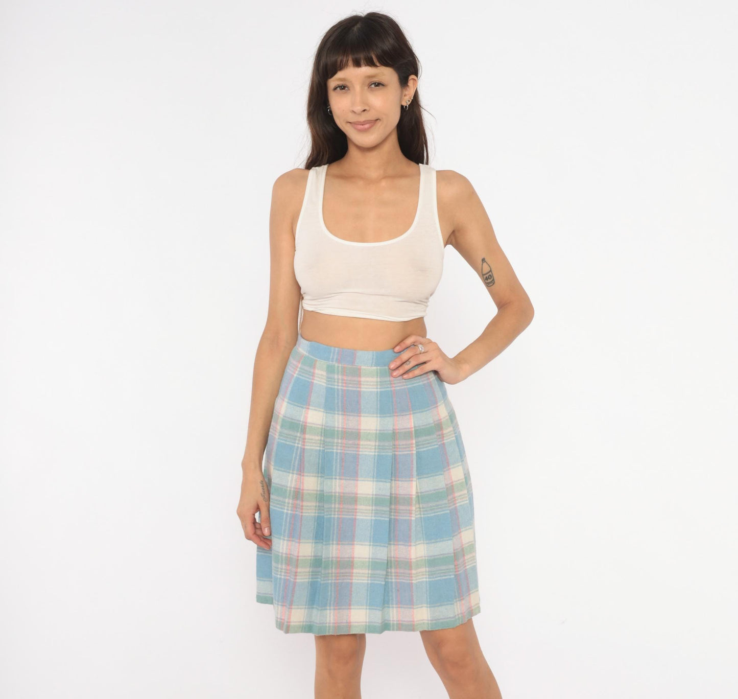 90s Pastel Plaid Pleated Skirt Wool Blend Blue Pink Green Tartan Knee-Length Extra Small